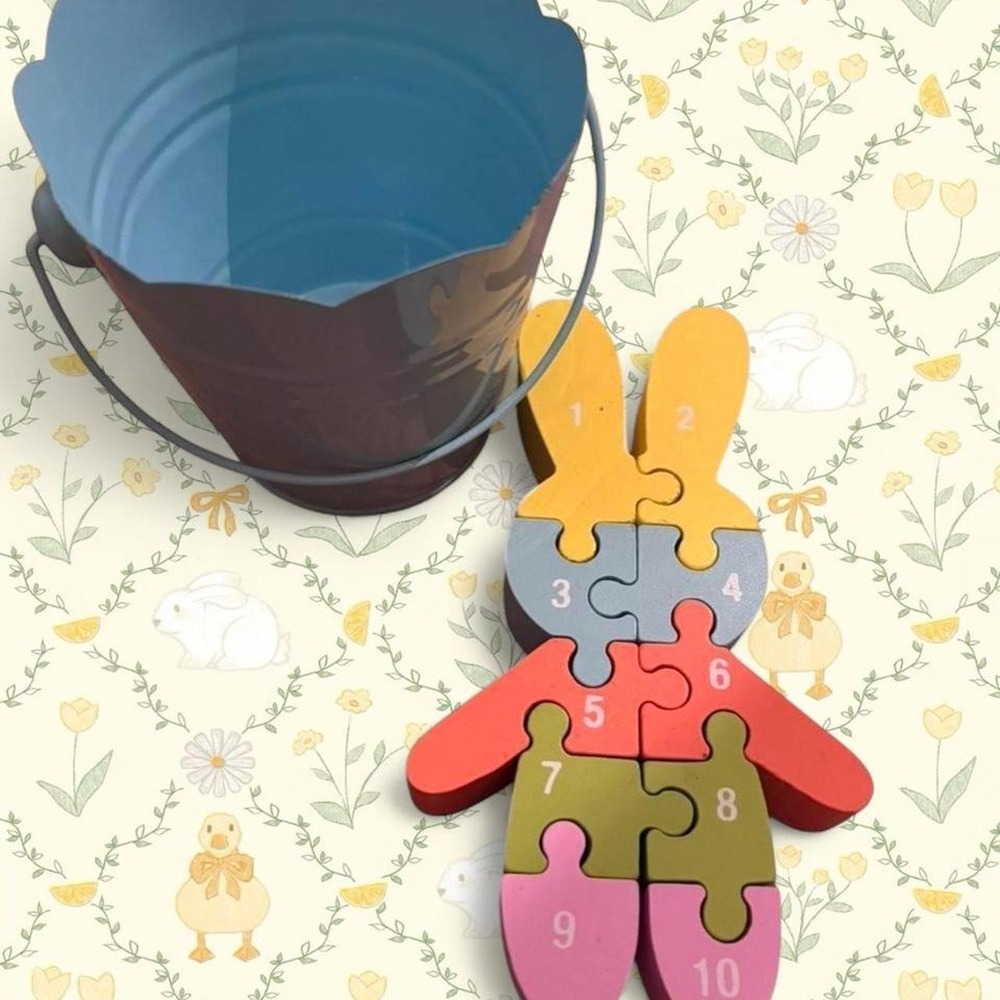 Wooden number bunny puzzle with metal tin bucket